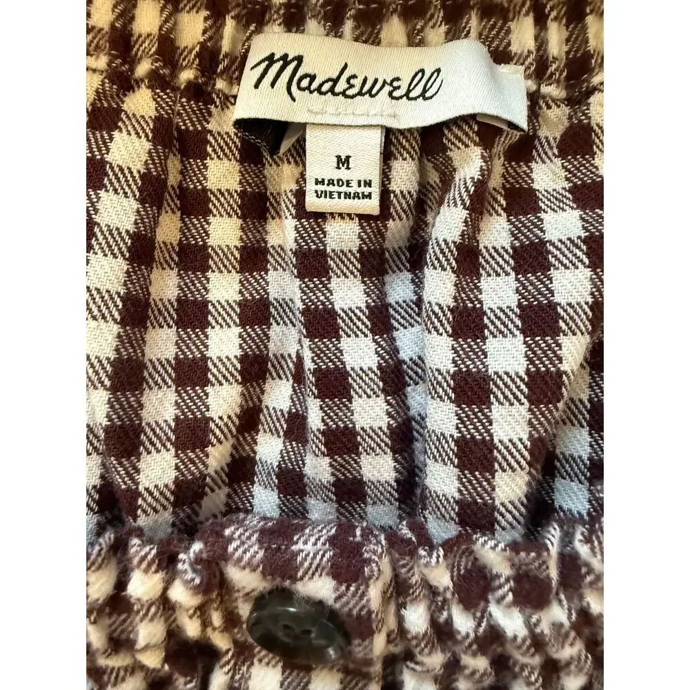 Madewell Puff Sleeve Cropped Flannel Top Chocolate Gingham Plaid M
